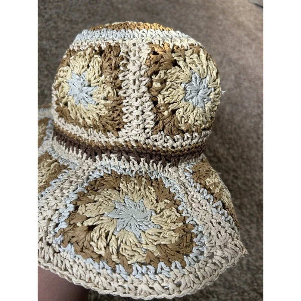Steve Madden Crochet Straw Hat Granny Square Boho Hippie 70s Style Beach OS
